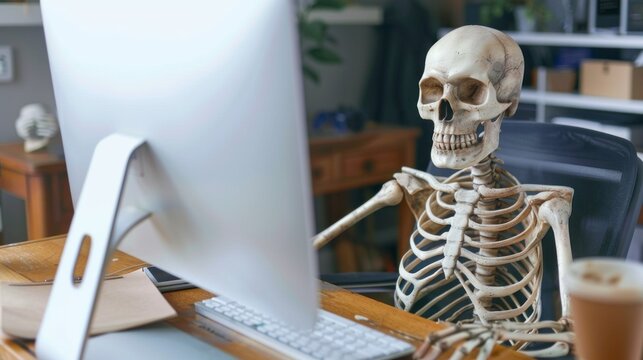 A skeleton is sitting at a desk in front of a computer monitor