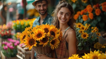 Naklejka premium Couple buying a bouquet of fresh sunflowers at the flower market