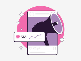 Social media engagement posts concept. Increase post engagement rates with infographics, video content stories, contests and giveaways. Flat vector isolated outline illustration.