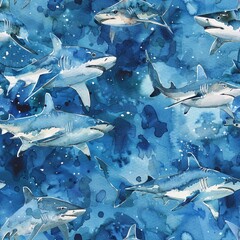 Pattern with watercolor sharks. Water world pattern for children.
