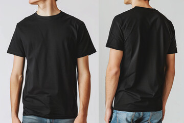 T-shirt mockup. Black blank t-shirt front and back views.