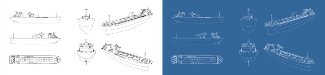Set large cargo ship container outline vector. Blueprint wireframe line drawing for template with all side and isolated on transparent background © WINDERFULL STUDIO