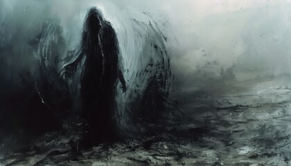 A Dark Figure Stands in a Foggy, Desolate Landscape