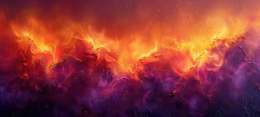 Expressive abstract impressionist painting with fiery oranges and deep purples, conveying passion and intensity