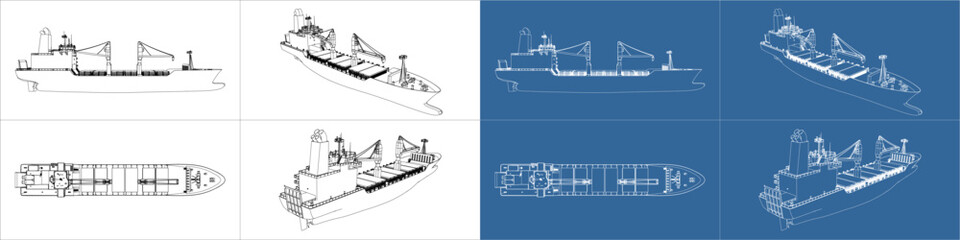 Set cargo ship Worldwide. Blueprint and wireframe mesh art. Transportation, logistic, shipping concept illustration with all side isolated on a transparent background. © WINDERFULL STUDIO