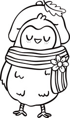 Groovy retro autumn sleeping owl hippie cartoon coloring outline doodle playful and vibrant fall season illustration.