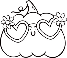 Groovy retro autumn pumpkin hippie cartoon coloring outline doodle playful and vibrant fall season illustration.