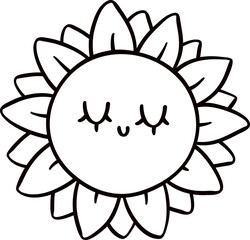 Groovy retro autumn sunflower hippie cartoon coloring outline doodle playful and vibrant fall season illustration.