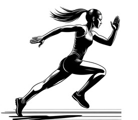 Obraz premium Isolated black and white vector illustration of female athlete running in track and field competition on white background.