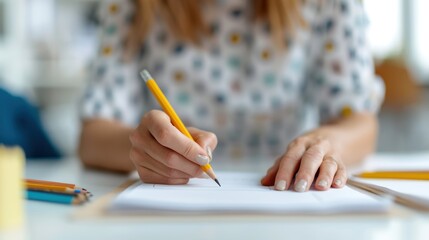 Image of a person in a patterned shirt writing on paper with a pencil. The focus is on the person's hands and the writing activity, suggesting work or creativity.