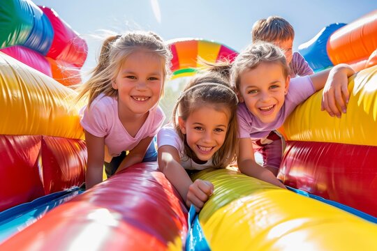 Smiling children enjoying a sunny day playing on a colorful inflatable slide at an outdoor event.