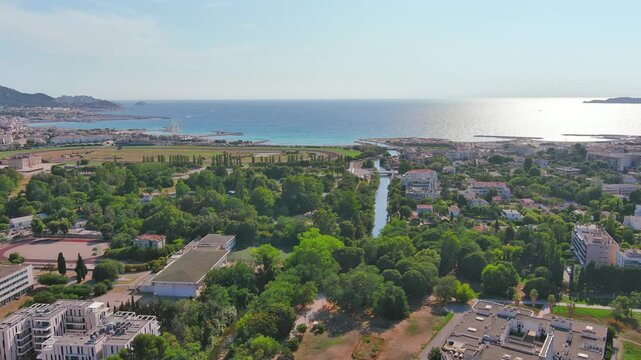 Marseille, France: Aerial view of famous French city by Mediterranean Sea, Borely Park (Parc Bor&eacute;ly), summer day with clear blue sky - landscape panorama of Europe from above
