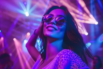 A smiling woman wearing sunglasses enjoys a vibrant nightclub atmosphere with colorful lights creating an energetic party mood.