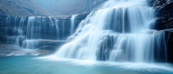 A serene waterfall cascading down rocky cliffs into a tranquil pool, surrounded by mist and natural beauty.