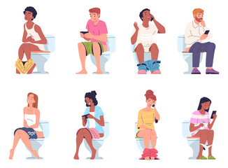 People on toilets with phones. Person read smartphone internet game, pooping peeing man woman in bathroom phone gadget addiction constipation diarrhea, classy vector illustration