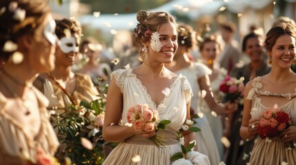 A beaming bride holds a bouquet and stands among her bridesmaids during an outdoor wedding celebration, surrounded by petals and under the warm sunlight.