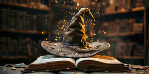 An open book under a wizard's hat, symbolizing magic and knowledge.