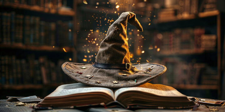 An open book under a wizard's hat, symbolizing magic and knowledge.