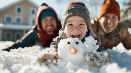 A happy family enjoys a winter snow day by building a snowman together, their laughter and smiles reflecting their bond and the joy of this seasonal activity.