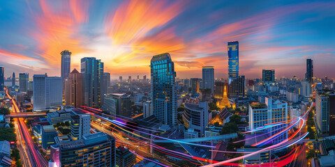 Obraz premium Aerial photography of digital City building skyline architectural landscape Nightscape metropolitan design concept.