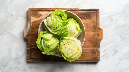 Cabbage pieces filled in bowl placed on chopping board