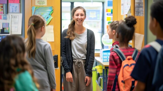 A young, enthusiastic female teacher stands at the doorway of her classroom, greeting each student with a warm smile and welcoming them into a day of learning.