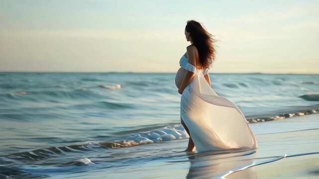 Young pregnant woman walking on the beach