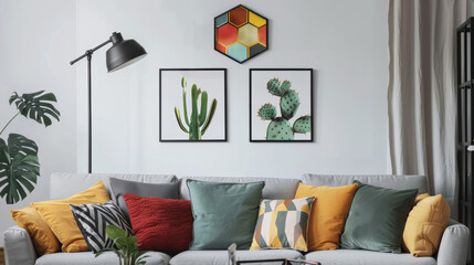 Paintings of cacti and hexagons adorn the wall above a cozy sofa filled with an assortment of pillows. The living room is completed with a sleek black lamp standing nearby,