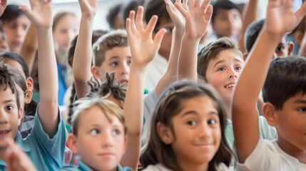 Fototapeta premium A group of students eagerly raises their hands to answer a question posed by their teacher, demonstrating their engagement and thirst for knowledge.