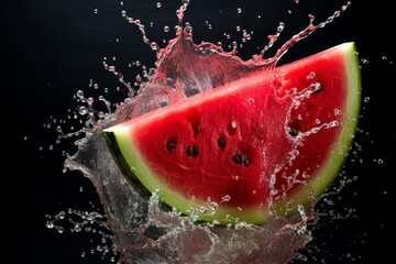 Juicy watermelon slice with dynamic water splash against a dark backdrop