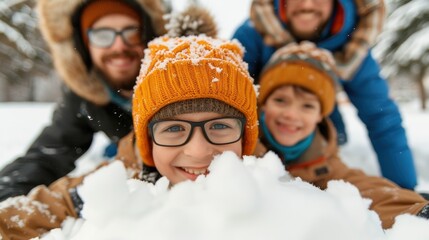 Three boys, wearing warm clothes and matching knitted hats and glasses, are happily playing and posing in the snow, creating joyful winter memories together with family.