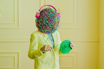 Woman with mask of chaotic thoughts unwinding spiral roll near wall