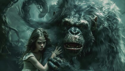 Young Girl and Giant Ape in a Misty Forest