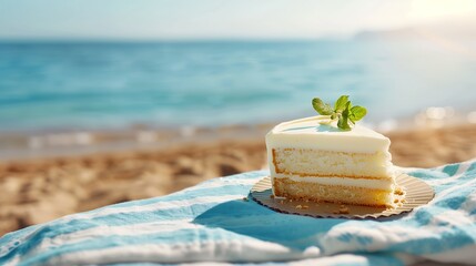 Delicious slice of cake on a beach towel, with the ocean and sandy beach in the background.
