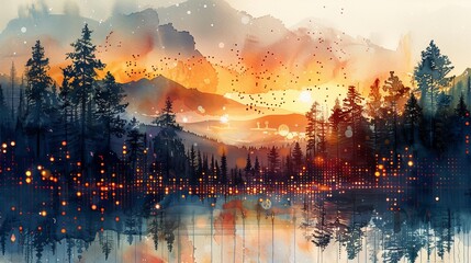 Fototapeta premium A stunning watercolor landscape featuring mountains, trees, and a vibrant sunset reflecting on the serene water.