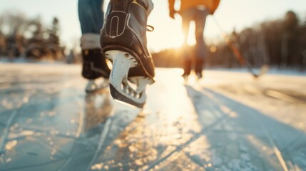 People playing hockey on a frozen lake with the warm hues of the sunset in the background, a captivating scene of winter recreation and the joy of outdoor sports.