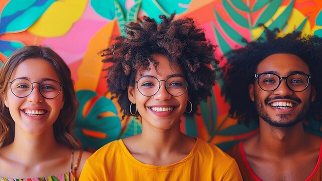 Diverse group enjoying each other's company on bright background World Smile Day