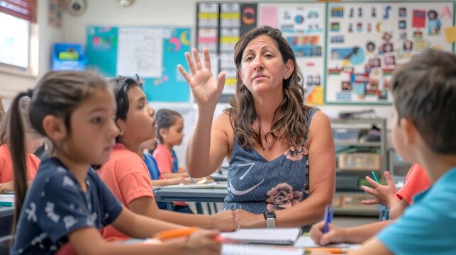 A female teacher, her classroom a symphony of organized chaos, skillfully manages a classroom full of energetic students, her calm demeanor creating a sense of order