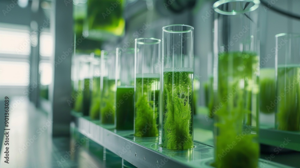 Poster A row of green test tubes are lined up on a counter