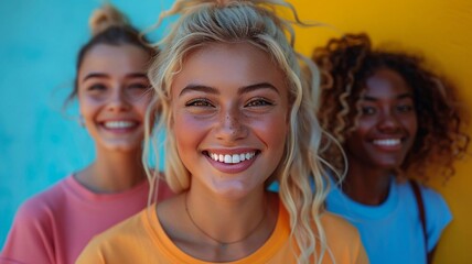 Fototapeta premium Group of smiling individuals having fun on simple bright background World Smile Day