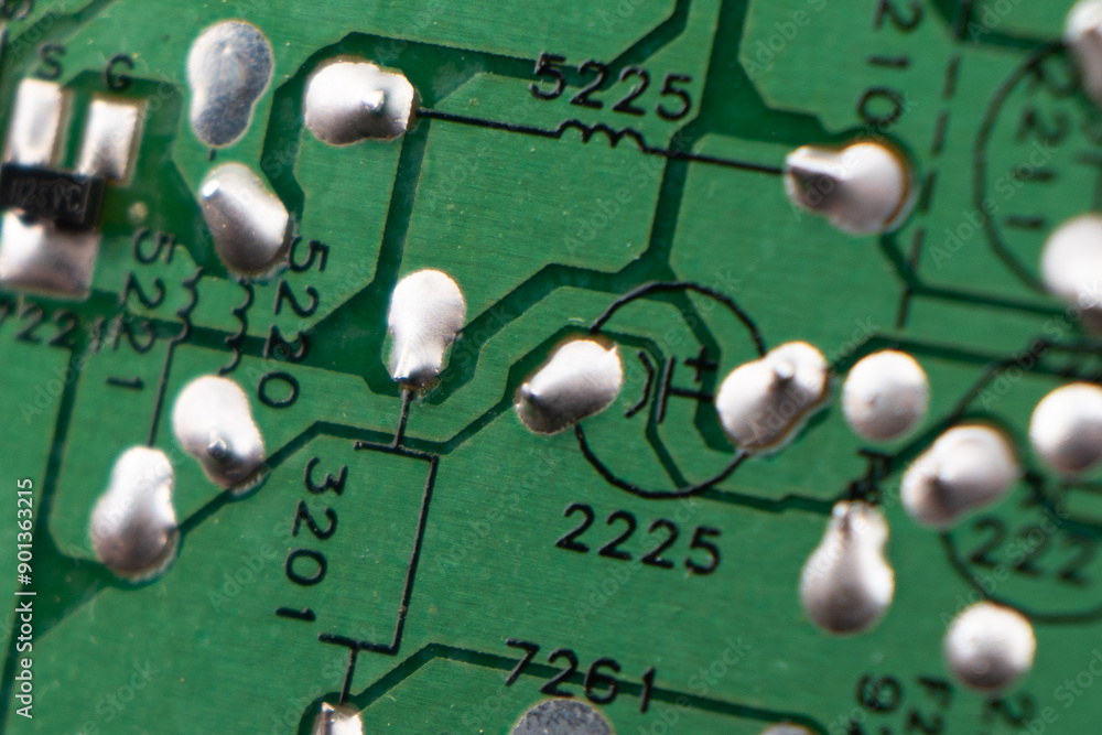 Poster circuit board with resistors microchips and electronic components background. computer hardware tech