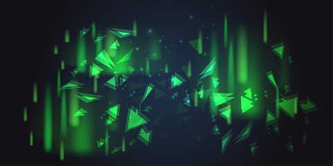 Vector illustration. Dark background with aurora lights and triangle elements. Design for wallpaper, banner, postcard.	