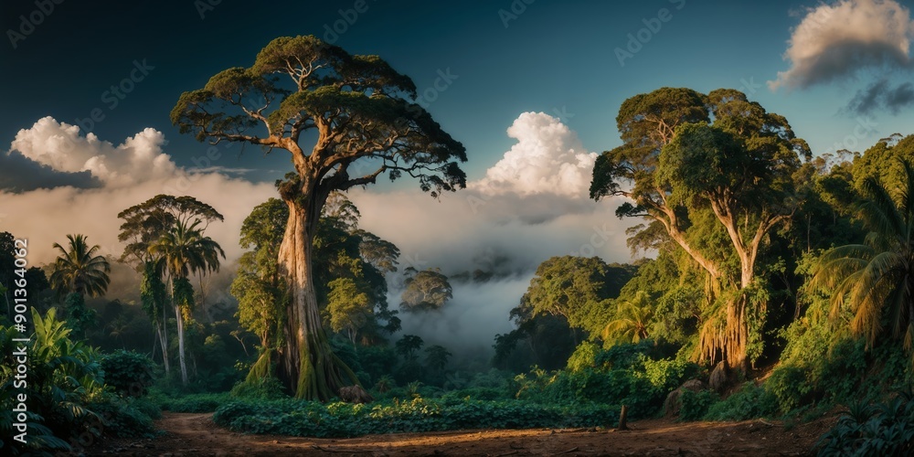 Wall mural A serene tropical forest showcases tall trees rising above misty valleys under a beautiful morning sky