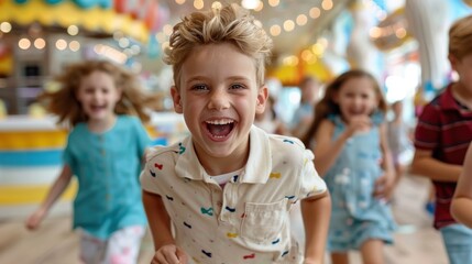 A group of joyful children running towards the camera in a vibrant amusement park, showcasing their happiness and excitement during a fun-filled day. Bright surface.