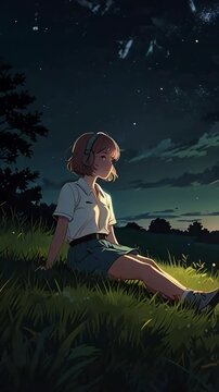 Lofi anime girl with a dreamy look, lying on a grassy hill at night
