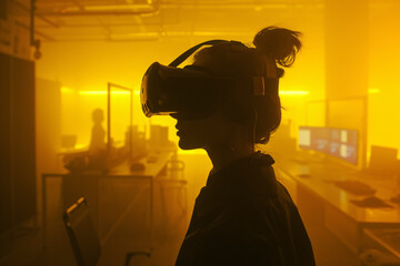 A silhouette of a person wearing a VR headset stands in a modern, yellow-lit office environment with computer stations, illustrating technology and immersion.