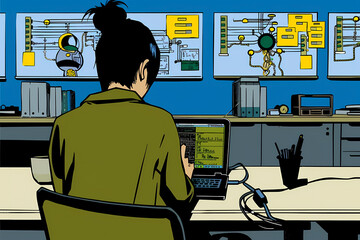 This detailed illustration depicts a person working on a laptop, surrounded by complex technical schematics and digital elements on the walls, emphasizing focus, innovation, and modern technology.