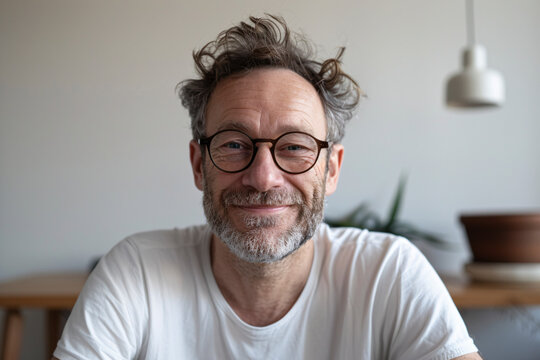 A man with glasses, casually dressed in a white t-shirt, smiling contentedly while sitting in a home setting, exuding a relaxed and approachable demeanor filled with warmth.
