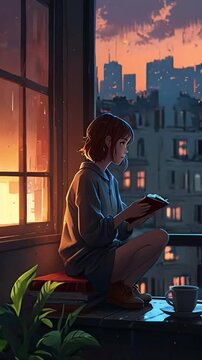 Lofi anime girl with a relaxed posture, sitting on a window sill with a book