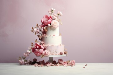 Tiered wedding cake adorned with pink blossoms on a dreamy pastel backdrop